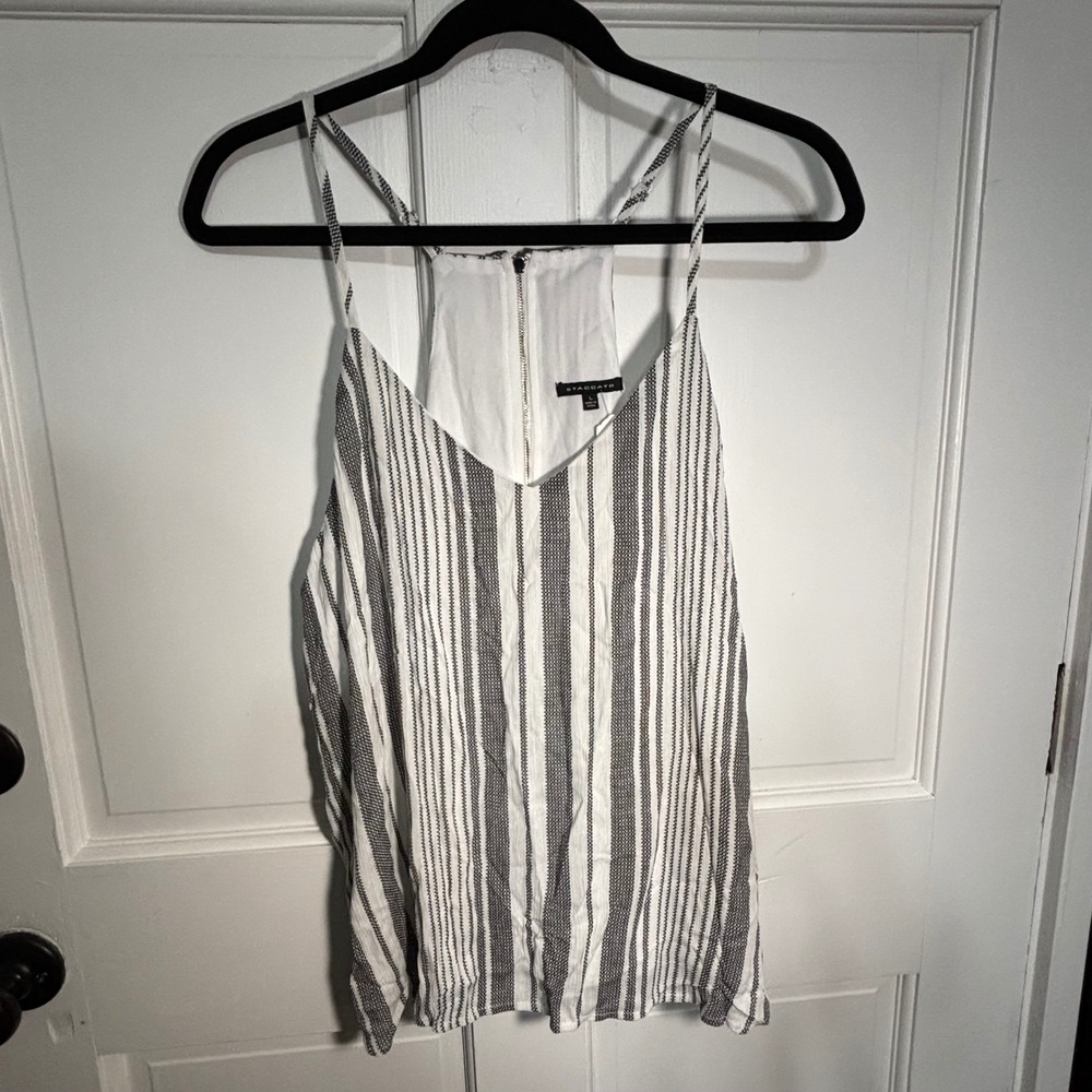 Staccato Womens Black White Striped V-Neck Cami Tank Top Zipper Racerback L
